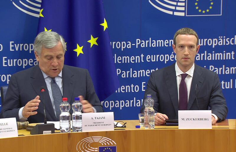 epa06756255 A handout video-grabbed photo made available by the European Parliament on 22 May 2018, showing the founder and CEO of Facebook Mark Zuckerberg (R) and Antonio Tajani (L), President of the European Parliament at the European Parliament in Brussels, Belgium, 22 May 2018. Facebook CEO Mark Zuckerberg appeared before the European Parliament  representatives to answer questions in a live broadcast on data information breach by Cambridge Analytica and also how Facebook uses personal data in general.  EPA/EUROPEAN PARLIAMENT HANDOUT  HANDOUT EDITORIAL USE ONLY/NO SALES