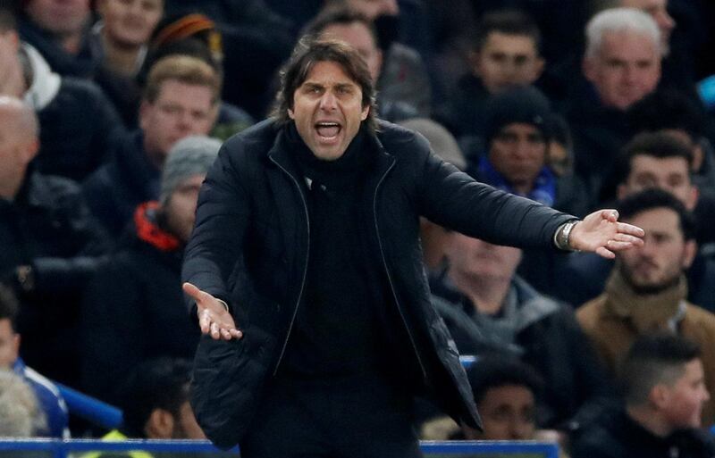 Soccer Football - Carabao Cup Semi Final First Leg - Chelsea vs Arsenal - Stamford Bridge, London, Britain - January 10, 2018   Chelsea manager Antonio Conte reacts   REUTERS/David Klein    EDITORIAL USE ONLY. No use with unauthorized audio, video, data, fixture lists, club/league logos or "live" services. Online in-match use limited to 75 images, no video emulation. No use in betting, games or single club/league/player publications.  Please contact your account representative for further details.