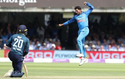 Cricket - England v India - Second One Day International - Lord’s Cricket Ground, London, Britain - July 14, 2018   India's Kuldeep Yadav celebrates taking the wicket of England's Jason Roy   Action Images via Reuters/Peter Cziborra