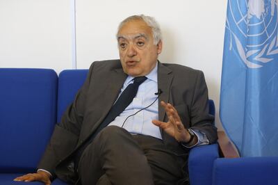 Ghassan Salame, UN special envoy for Libya and head of the UN Support Mission in Libya (UNSMIL), speaks during an interview with AFP at his office in the capital Tripoli on April 18, 2019. / AFP / Mahmud TURKIA
