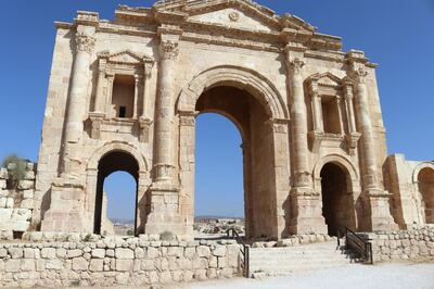 Hadrian’s Arch, an 11-metre-high gateway built to honour the visit of the Roman emperor Hadrian to the city of Jerash, Jordan, in 129 AD, stands empty on October 21, 2020. Taylor Luck for The National