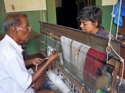 Poonam Pandit and weaver Kaka drafting the warp for a Wendell Rodricks Kunbi sari. Photo: Sonali