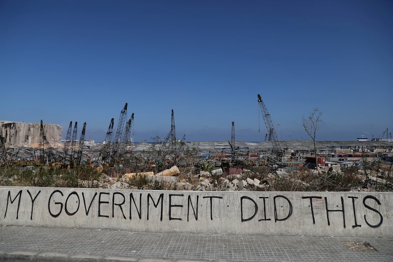 Graffiti at the port area of Beirut in the aftermath of the explosion in August 2020. Reuters