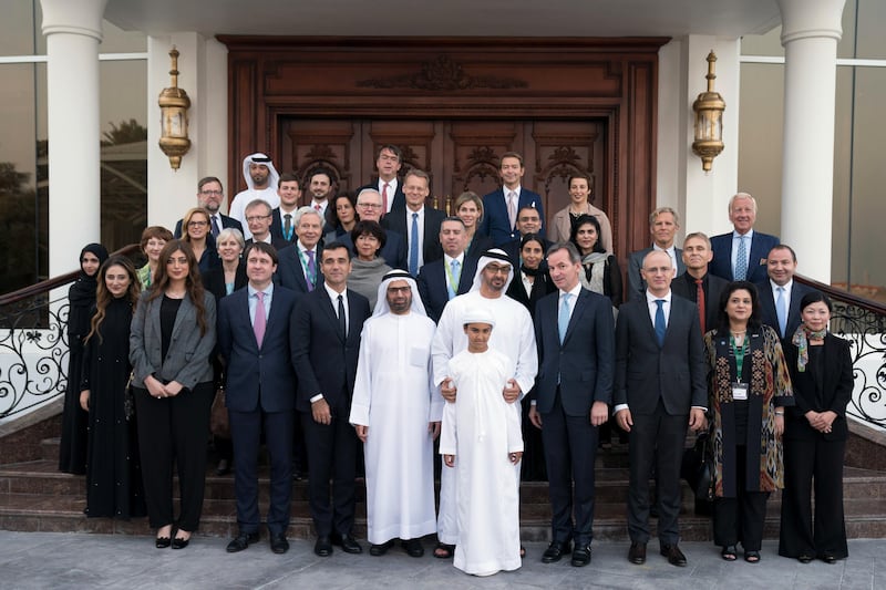 ABU DHABI, UNITED ARAB EMIRATES - October 23, 2017: Dr Andreas Jacobs, Chairman of INSEAD (4th R), HH Sheikh Mohamed bin Zayed Al Nahyan, Crown Prince of Abu Dhabi and Deputy Supreme Commander of the UAE Armed Forces (5th R), HH Sheikh Zayed bin Abdullah bin Zayed Al Nahyan (front 5th R) and HE Dr Ali Rashid Al Nuaimi, Director General of Abu Dhabi Education Council and Abu Dhabi Executive Council Member (6th R) stand for a photograph with INSEAD staff members, during a Sea Palace barza.

( Hamad Al Kaabi / Crown Prince Court - Abu Dhabi )
—