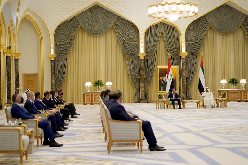 The official reception for Iraqi Prime Minister Kadhimi with Sheikh Mohamed Bin Zayed at Qasr Al Watan. Courtesy the Iraqi Prime Minister's Office