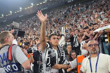 Juventus' Paulo Dybala greets the fans during the Italian Serie A soccer match Juventus FC vs SS Lazio at the Allianz Stadium in Turin, Italy, 16 May 2022.  Paulo Dybala is leaving Juventus at the end of the season.   EPA / ALESSANDRO DI MARCO