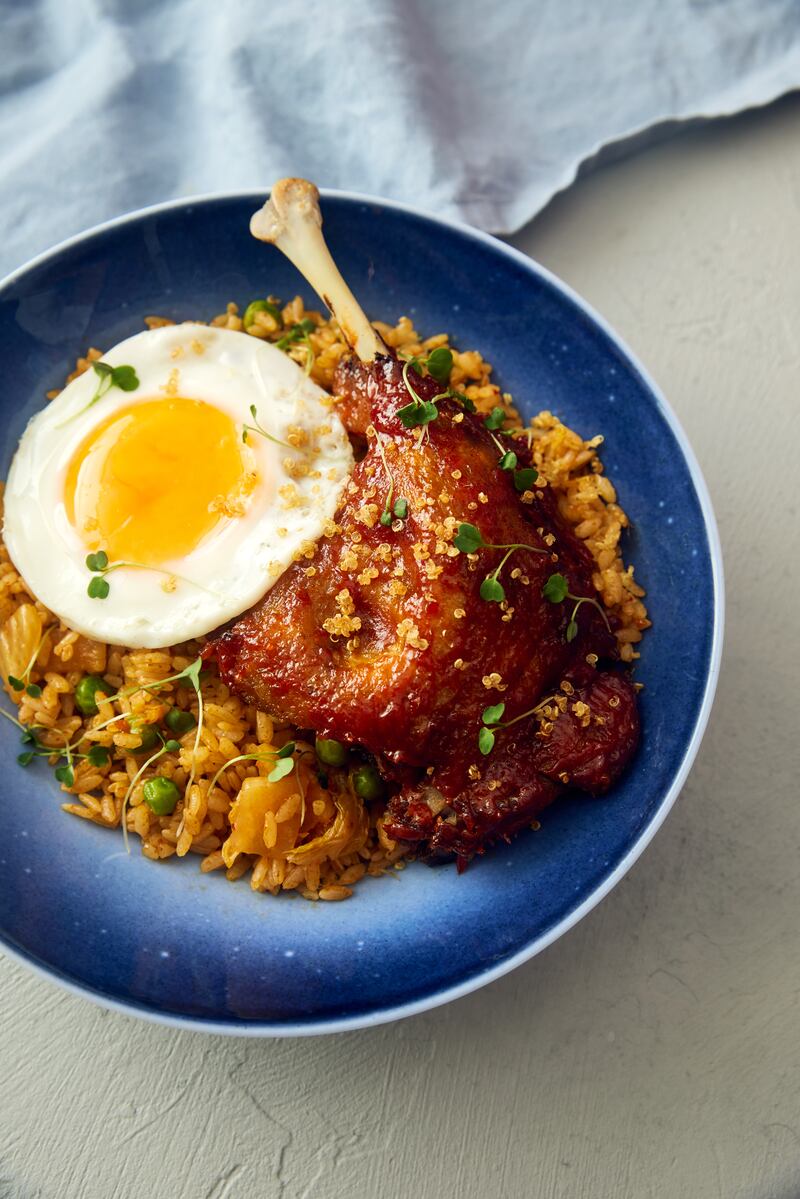 Kimchi fried rice (confit duck leg, fried egg and huacatay sauce), Dh100