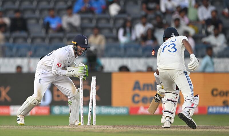 England wicketkeeper Ben Foakes stumps India batsman Mohammed Siraj off the bowling of Tom Hartley for the final wicket during day four of the first Test at the Rajiv Gandhi International Stadium on Sunday, January 28, 2024. Getty Images