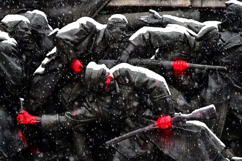 The monument to Russian troops from the Second World War, after the figures’ hands were painted red, at the Red Army memorial in Sofia, Bulgaria. EPA