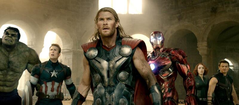 Three of the six Avengers, from left, Captain America (Chris Evans), Thor (Chris Hemsworth) and Iron Man (Robert Downey Jr). Marvel 2015

