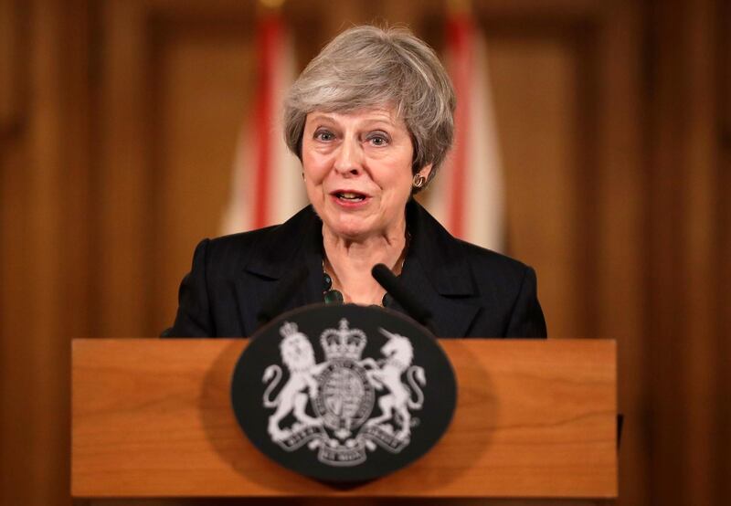 LONDON, ENGLAND - NOVEMBER 15: Britain's Prime Minister Theresa May speaks during a press conference inside 10 Downing Street on November 15, 2018 in London England. Cabinet Ministers Dominic Raab, the Brexit Secretary, and Esther McVey, Work and Pensions Secretary resigned this morning after last night's cabinet meeting backed the draft Brexit agreement.  (Photo by Matt Dunham - WPA Pool/Getty Images)