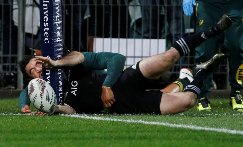New Zealand's Nehe Milner-Skudder scores a try during the All Blacks' thumping of South Africa, 57 - 0, in Auckland, New Zealand. Nigel Marple / Reuters