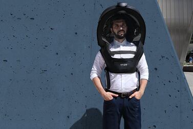 The BioVYZR helmet. The $250 (Dh918), futuristic-looking outer layer resembles the top half of an astronaut’s uniform, with anti-fogging “windows” and a built-in hospital-grade air-purifying device. Courtesy VYZR Technologies Inc.