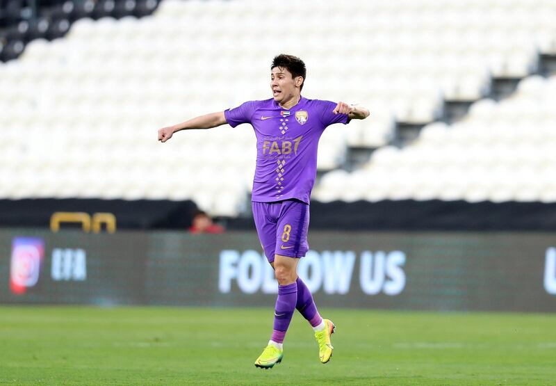 Abu Dhabi, United Arab Emirates - Reporter: John McAuley: Bauyrzhan Islamkhan of Al Ain scores in the game between Sharjah and Al Ain in the PresidentÕs Cup semi-final. Tuesday, March 10th, 2020. Mohamed bin Zayed Stadium, Abu Dhabi. Chris Whiteoak / The National