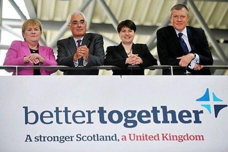 From left, Scottish Labour Party Leader Johann Lamont, former British Finance Minister Alistair Darling, Scottish Conservative Party Leader Ruth Davidson and Scottish Liberal Democrat Leader Willie Rennie, support the 'Better Together' campaign against Scottish independence.