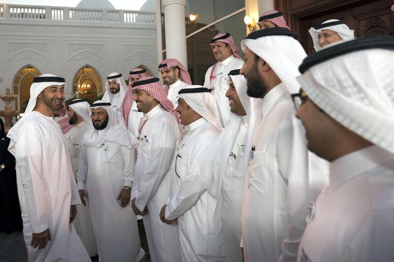 ABU DHABI, UNITED ARAB EMIRATES - November 12, 2018: HH Sheikh Mohamed bin Zayed Al Nahyan Crown Prince of Abu Dhabi Deputy Supreme Commander of the UAE Armed Forces (L), speaks with members of Asharqia Chamber Council, during a Sea Palace barza.
( Hamad Al Kaabi / Ministry of Presidential Affairs )?
---