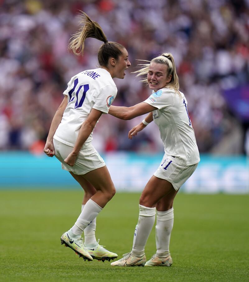 England's Ella Toone celebrates scoring the opening goal with Lauren Hemp. PA