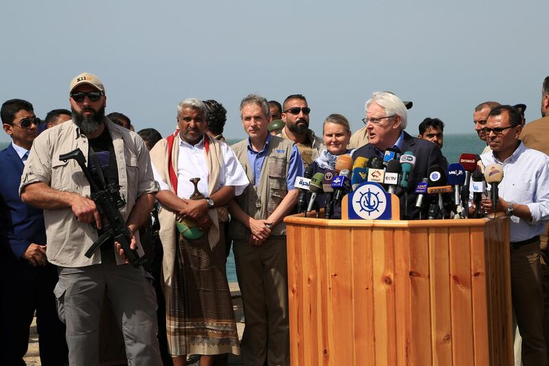 U.N. envoy to Yemen Martin Griffiths speaks to the media during a visit to the Red Sea port of Hodeidah, Yemen November 23, 2018. Picture taken November 23, 2018.  REUTERS/Abduljabbar Zeyad