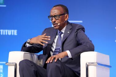 Paul Kagame, president of Rwanda, speaks during the Milken Institute Mena Summit 2019 in Abu Dhabi. Pawan Singh / The National