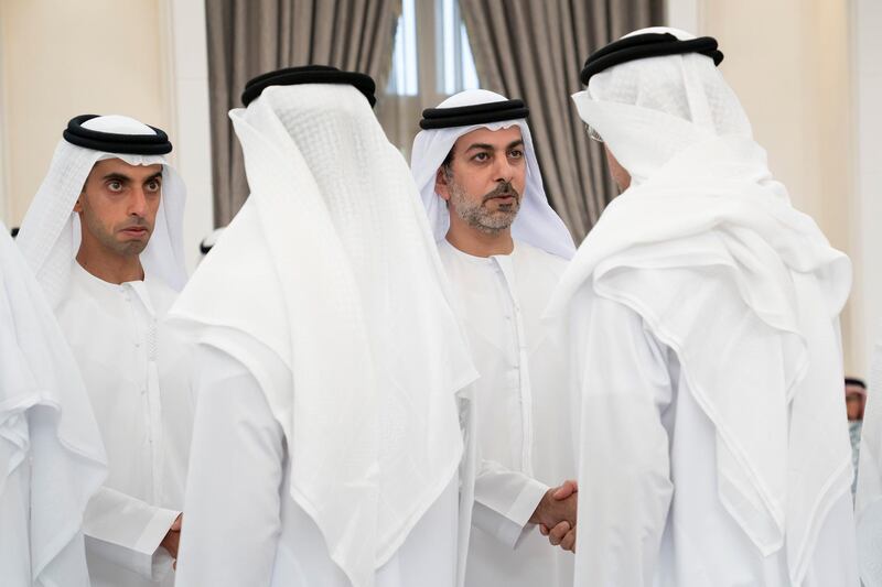 ABU DHABI, UNITED ARAB EMIRATES - November 21, 2019: HH Sheikh Khaled bin Zayed Al Nahyan, Chairman of the Board of Zayed Higher Organization for Humanitarian Care and Special Needs (ZHO) (L) and HH Sheikh Omar bin Zayed Al Nahyan, Deputy Chairman of the Board of Trustees of Zayed bin Sultan Al Nahyan Charitable and Humanitarian Foundation (R), receive mourners who are offering condolences on the passing of the late HH Sheikh Sultan bin Zayed Al Nahyan, at Al Mushrif Palace.

( Eissa Al Hammadi for the Ministry of Presidential Affairs )
---