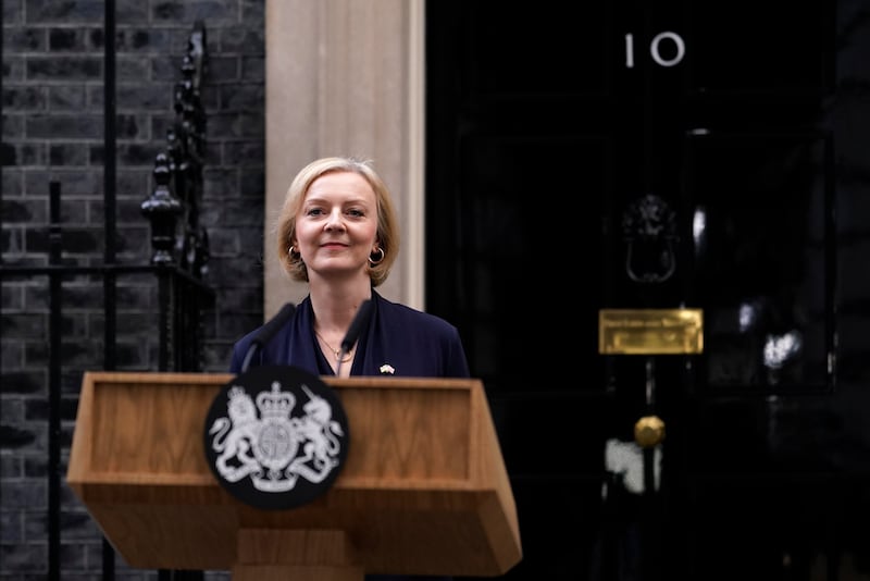 Liz Truss making her resignation speech outside Number 10 Downing Street, setting the record for the shortest ever serving British prime minister after 44 days in office. AP