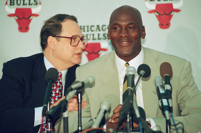 Jordan with Bulls team owner Jerry Reinsdorf at his retirement day press conference. AP