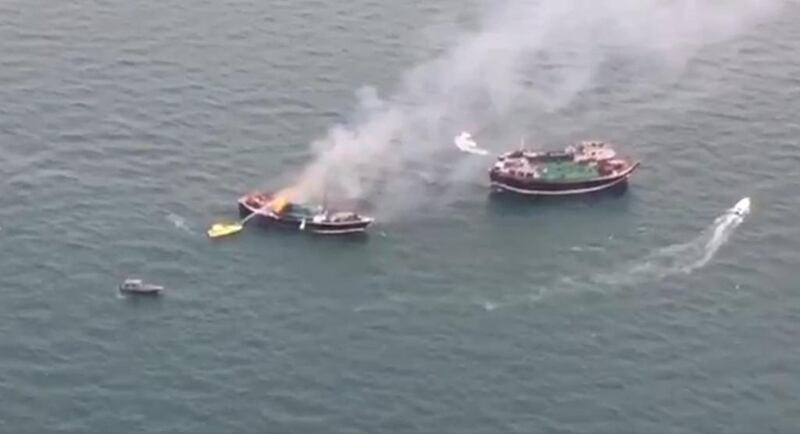 The boat fire in Dubai that closed the Floating Bridge. Courtesy Dubai Police