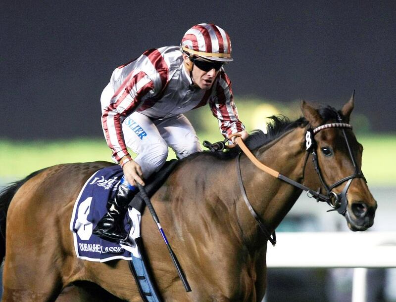 Olivier Peslier enjoying his ride on Cirrus Des Aigles on his way to win the Dubai Sheema Classic race of the Dubai World Cup at the Meydan Racecourse in Dubai this March.  Cirrus Des Aigles will hed to Hong Kong in December. Yoshua Arias / EPA