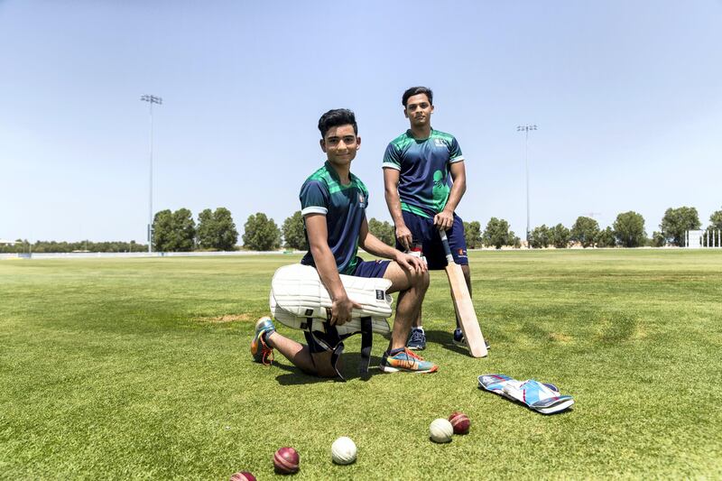 Abu Dhabi, United Arab Emirates, August 25, 2017:     Huzaifah Khan, 17, left, and his brother Hanzalah Khan, 19, at the cricket councilÕs nursery oval in the Khalifa City area of Abu Dhabi on August 25, 2017. The brothers are products of the Zayed Cricket Academy, and both have their sites set on making university squads in the United Kingdom. Christopher Pike / The National

Reporter: Amith Passela
Section: Sport