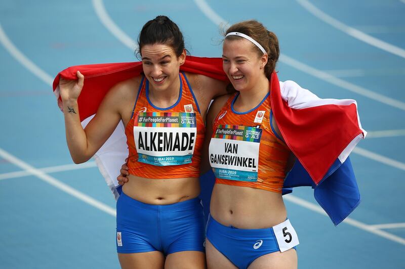 Marlene van Gansewinkel (R) and Kimberly Alkemade (L) of Netherlands react after the Women's 200m T64 final at the World Para Athletics Championships in Dubai, United Arab Emirates.  EPA