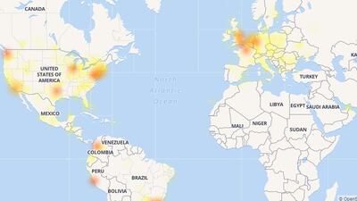 A screengrab of the live outage map from downdetector.com