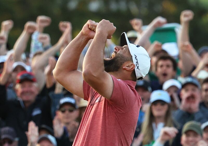 Spain's Jon Rahm celebrates on the 18th green after winning The Masters at Augusta National. Reuters