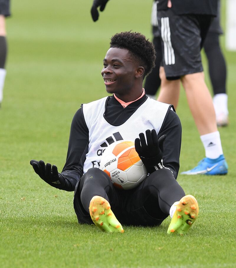 ST ALBANS, ENGLAND - APRIL 28: Bukayo Saka of Arsenal during a training session at London Colney on April 28, 2021 in St Albans, England. (Photo by Stuart MacFarlane/Arsenal FC via Getty Images)