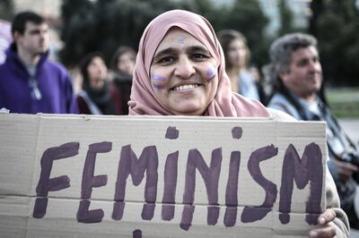 ATHENS, GREECE - 2018/03/08: A participant seen holding a placard during the demonstration.
Hundreds of women participated in the demonstration of "anti-sexism and patriarchy" during international women's day. (Photo by Nikolas Joao Kokovlis/SOPA Images/LightRocket via Getty Images)