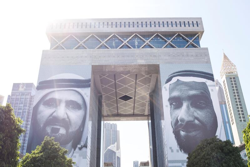 DUBAI, UNITED ARAB EMIRATES - NOV 29:

National day celebrations at DIFC.

Brand Dubai, the creative arm of the Government of Dubai Media Office, and Dubai International Financial Centre (DIFC), have unveiled images of UAE leaders on the façade of The Gate building in DIFC. The twin scanography images portray the Father of the Nation, the late Sheikh Zayed bin Sultan Al Nahyan and His Highness Sheikh Mohammed bin Rashid Al Maktoum, Vice President and Prime Minister of the UAE and Ruler of Dubai.

(Photo by Reem Mohammed/The National)

Reporter:  
Section: NA NATIONAL DAY