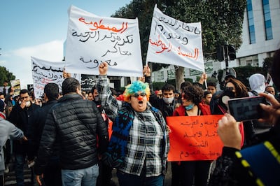 Activists protests against the failing government in April. As street protests continued, President Kais Saied further consolidated power around him by assuming control of both branches of the security forces.  Erin Clare Brown for The National