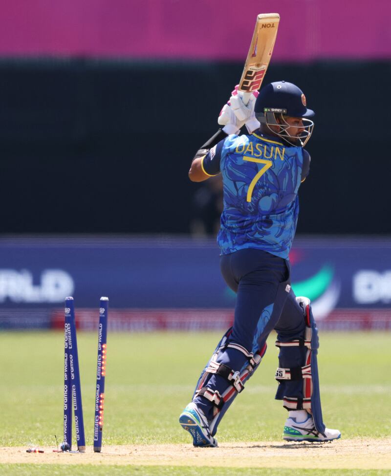 Sri Lanka's Dasun Shanaka is bowled by Kagiso Rabada of South Africa for nine. AFP