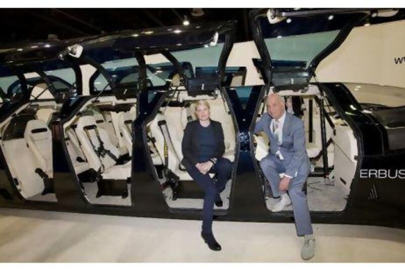 Wubbo Ockels and Antonia Terzi, showing off the Superbus in Dubai, believe it can reach its theoretical cruising speed of 250kph. Jaime Puebla for The National