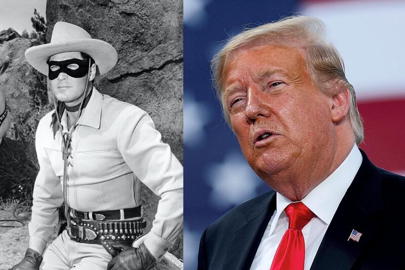 US President Donald Trump says he likes wearing a mask that makes him look like the Lone Ranger, left. Getty and Reuters 