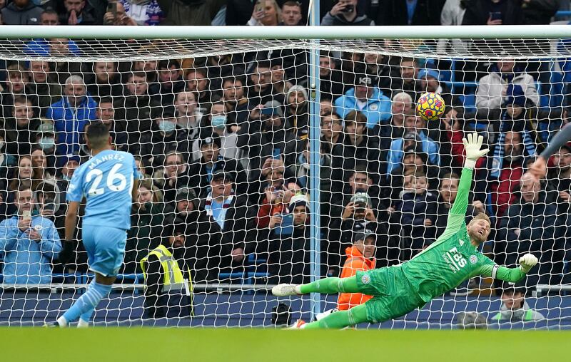 Leicester City goalkeeper Kasper Schmeichel cannot stop Riyad Mahrez scoring from the spot. PA