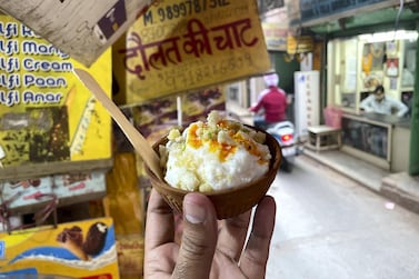 Daulat ki chaat is made with milk, cream, sugar, saffron and dried fruit. Photo by Rakesh Kumar
