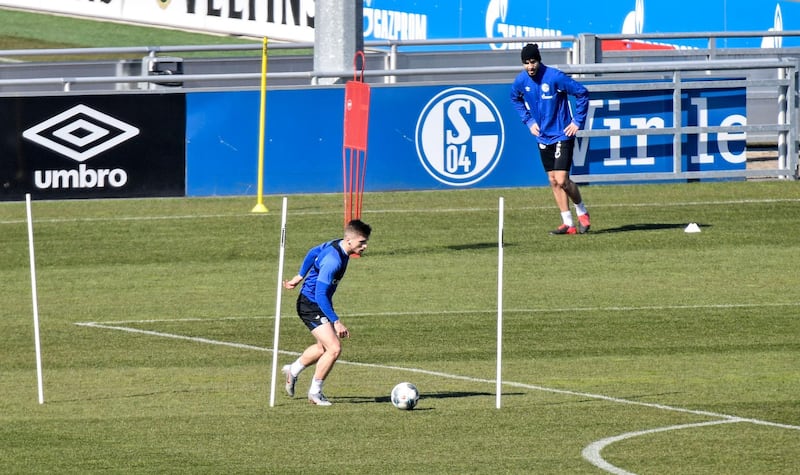 Schalke players take part in drills at the club's training ground in Gelsenkirchen while maintaining social distancing due to the coronavirus outbreak. AP Photo