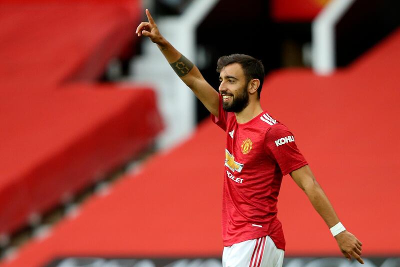 United's Bruno Fernandes celebrates his goal. AP