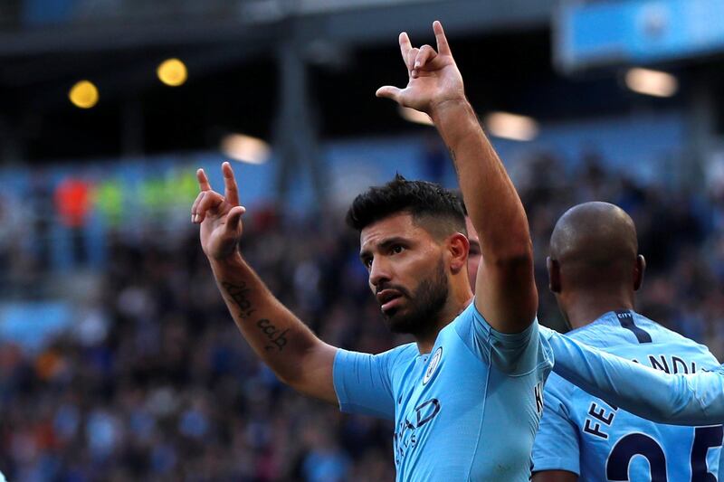 Soccer Football - Premier League - Manchester City v Brighton & Hove Albion - Etihad Stadium, Manchester, Britain - September 29, 2018  Manchester City's Sergio Aguero celebrates scoring their second goal   Action Images via Reuters/Lee Smith  EDITORIAL USE ONLY. No use with unauthorized audio, video, data, fixture lists, club/league logos or "live" services. Online in-match use limited to 75 images, no video emulation. No use in betting, games or single club/league/player publications.  Please contact your account representative for further details.