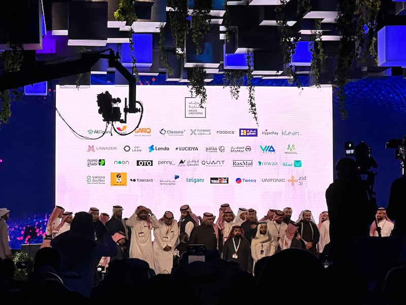 Founders and executives of the 34 start-ups included in the Saudi Unicorns Programme are presented at the Leap technology exhibition in Riyadh. Alvin R Cabral / The National