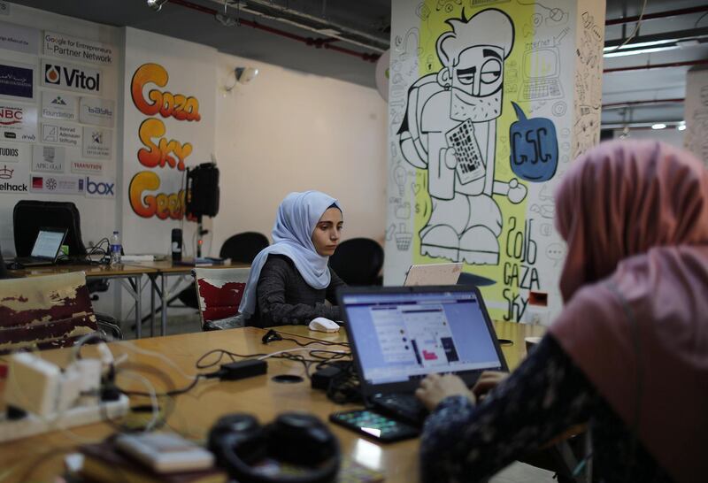Angham Abu Abed, a Palestinian web developer, works at Gaza Sky Geeks office in Gaza City. Reuters