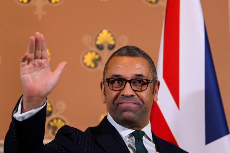 Foreign Secretary James Cleverly making his keynote speech in the Foreign Office on Monday. He condemned Iran's supply of kamikaze drones to Russia as "unacceptable" for killing Ukrainian civilians. Getty