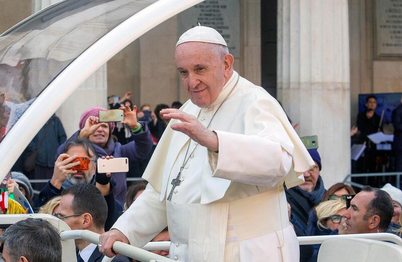 epa08240325 Pope Francis during his visit to Bari, southern Italy, 23 February 2020. The pontiff is in Bari to attend a conference entitled 'Mediterranean: Frontier of Peace,' which sees the participation of some 60 Catholic bishops from 19 nations bordering the Mediterranean.  EPA/DONATO FASANO