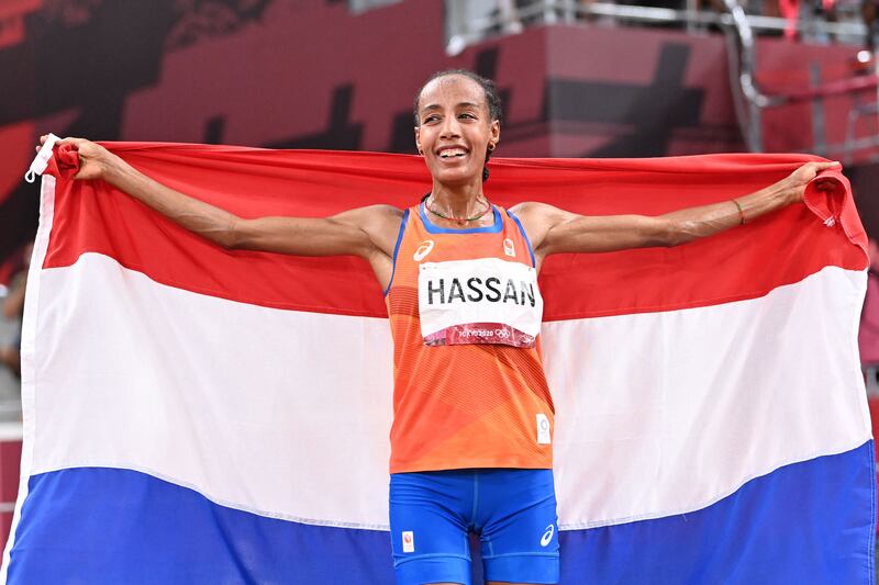 Netherlands' Sifan Hassan celebrates after winning the women's 10,000m final. AFP