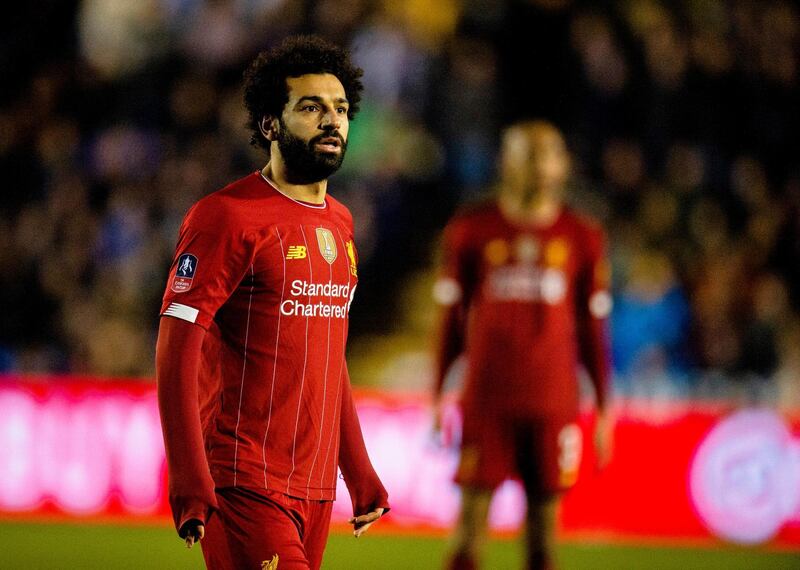 Liverpool's Mohamed Salah reacts during the English FA Cup fourth round match against Shrewsbury Town at Montgomery Waters Meadow. EPA